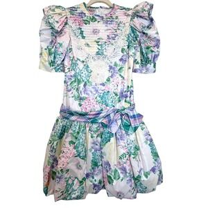 VTG Nicole Floral Dress Kids 10 Garden Easter Lace Plaid Sash Balloon Skirt 90's